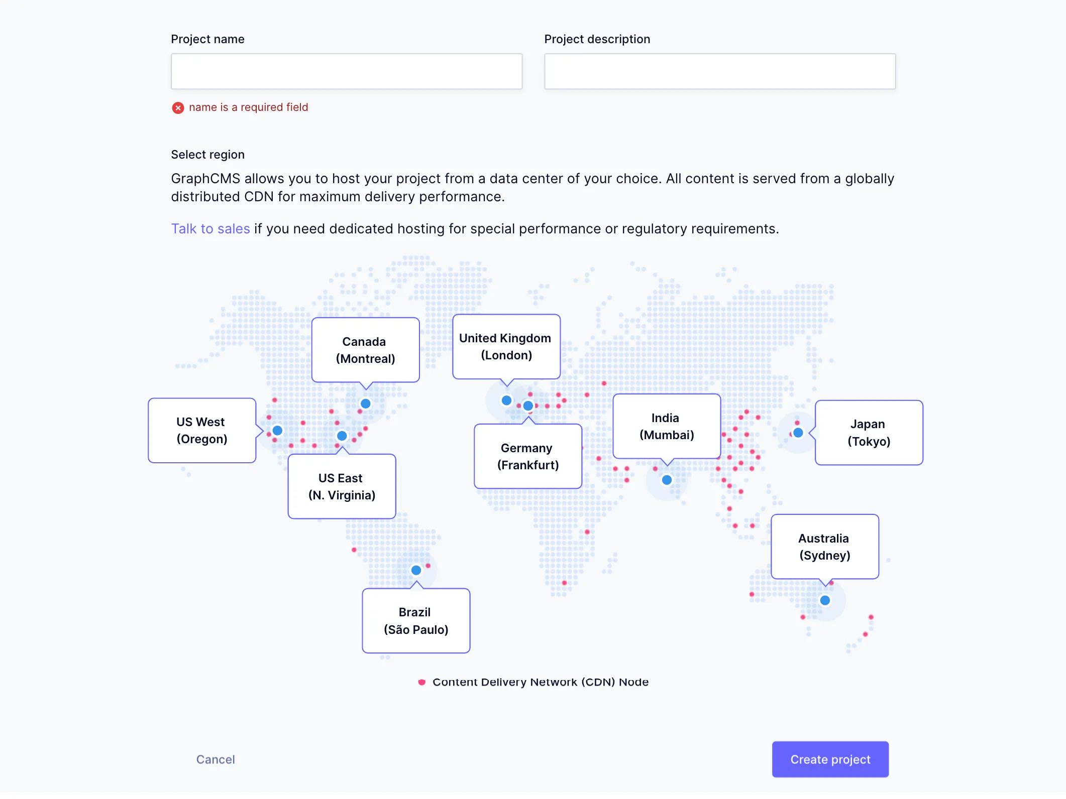 Project name and select region