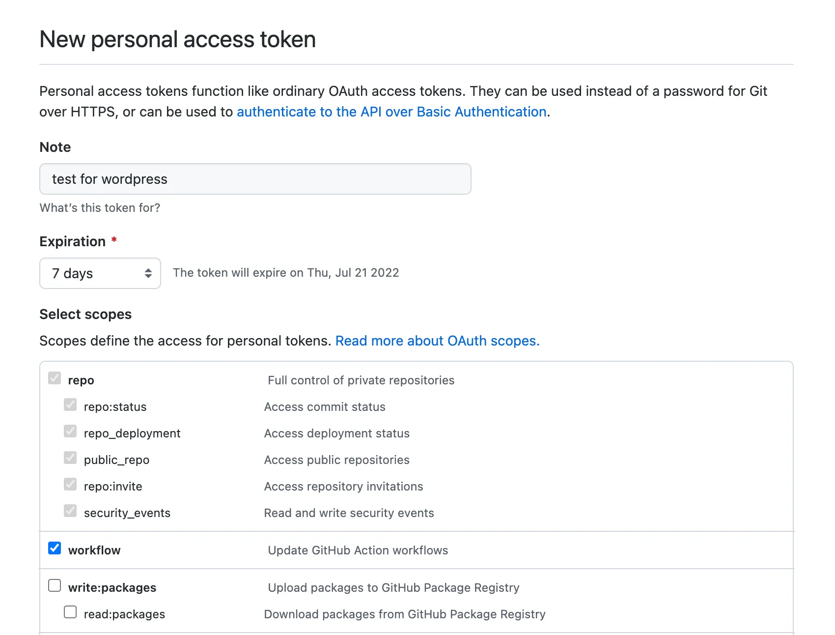 Personal Access Tokenを設定する様子